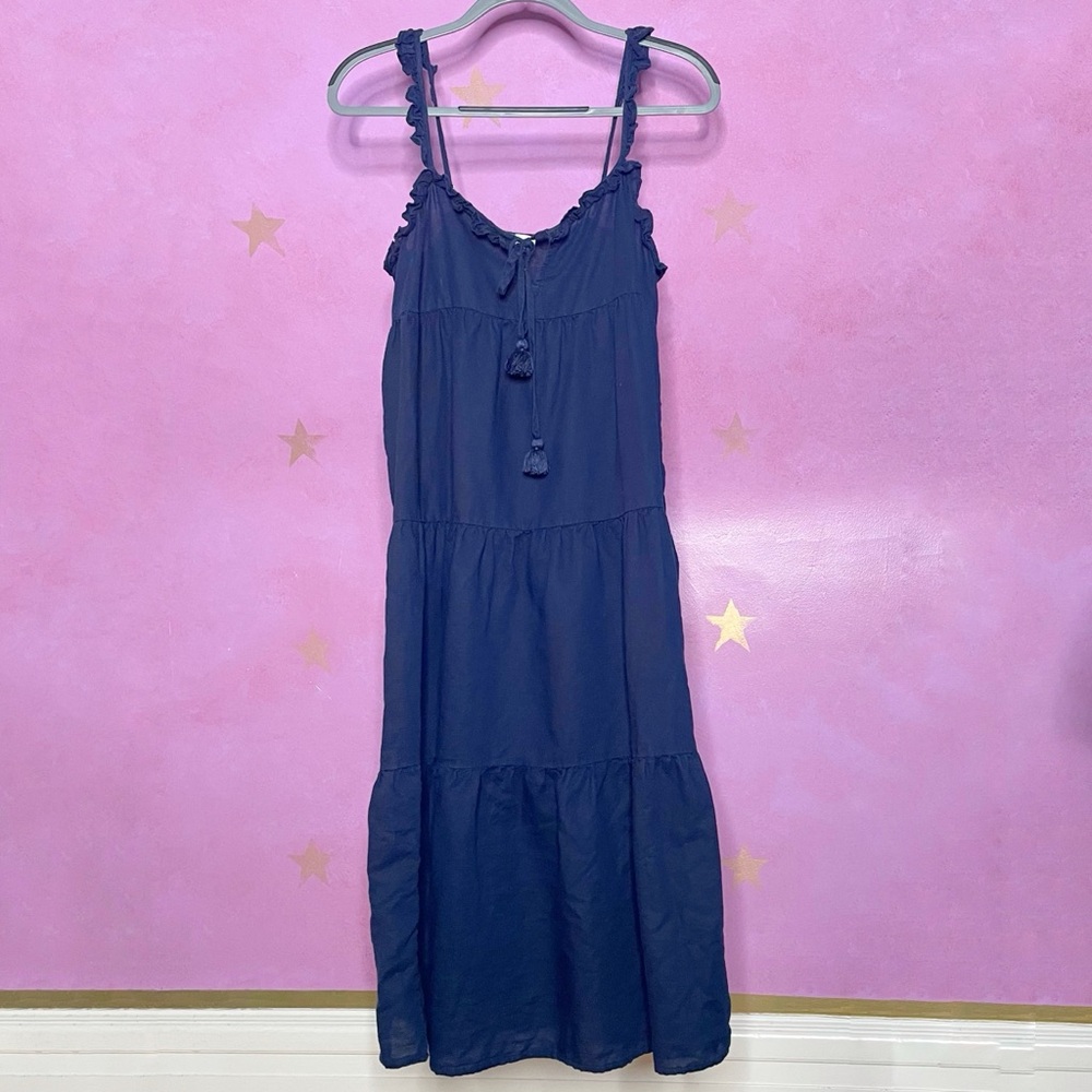 J. Crew Linen Cotton Blend Tiered Dress Navy Blue Women’s Size Small Boho Beachy